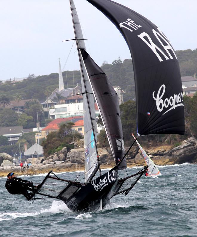 The Rag's crew drive the skiff hard downwind - 18ft Skiffs - NSW State Title - Race 1, October 30, 2016  © Frank Quealey /Australian 18 Footers League http://www.18footers.com.au